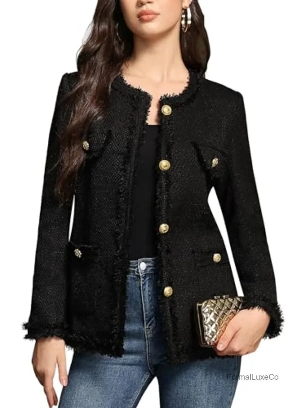 Tweed Open Front Blazer with Pockets, Collarless Long Sleeve Cardigan